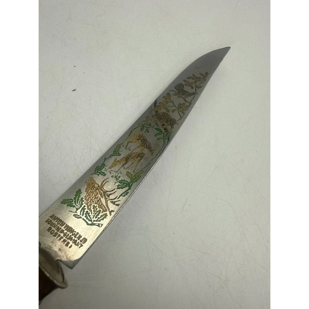 Anton Wingen Jr Solingen Germany‎ Stag Horn Steak Knives Set of 6 Etched Hunting